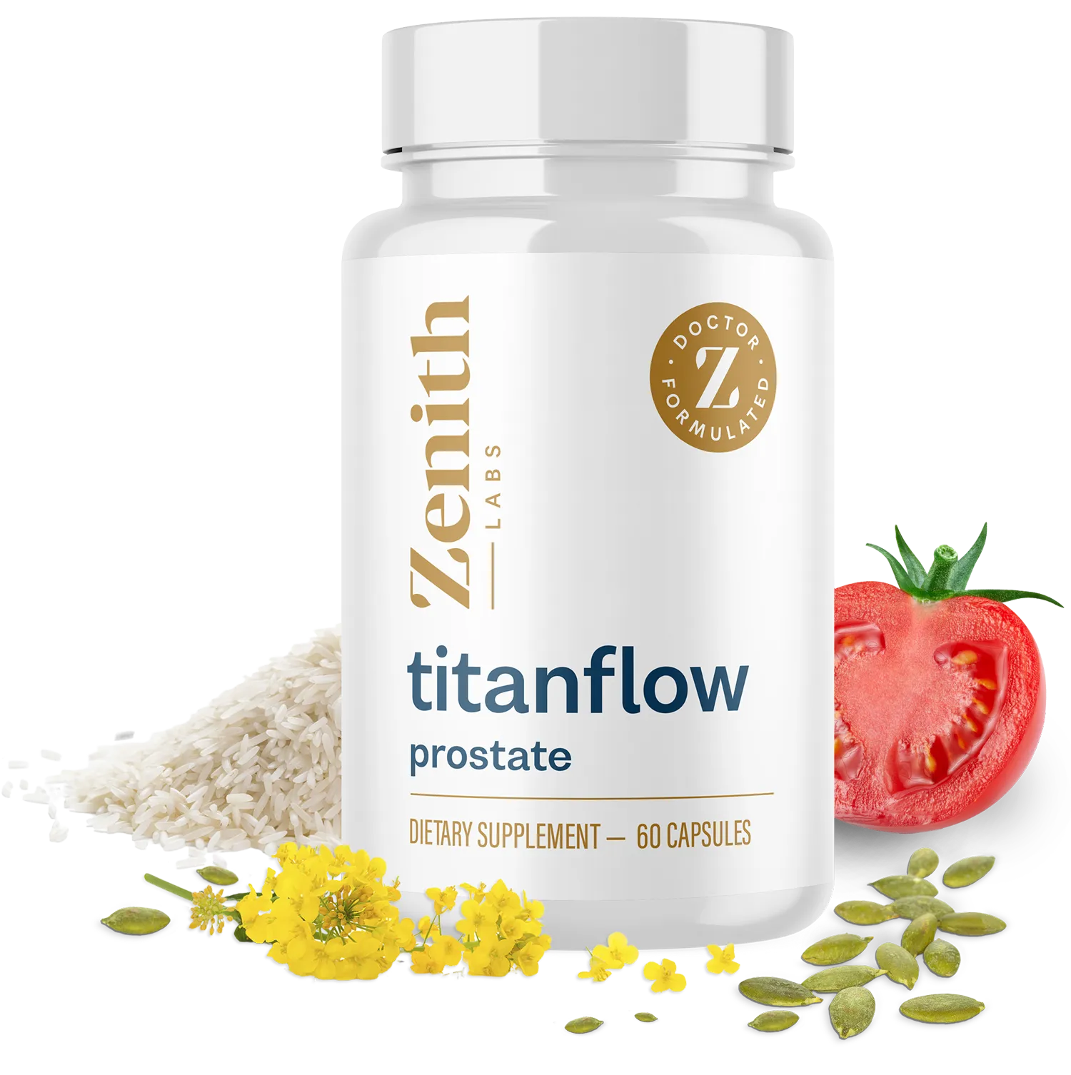 TitanFlow prostate support dietary supplement bottle with natural ingredients including pumpkin seeds, tomato, rice extract, and plant-based compounds