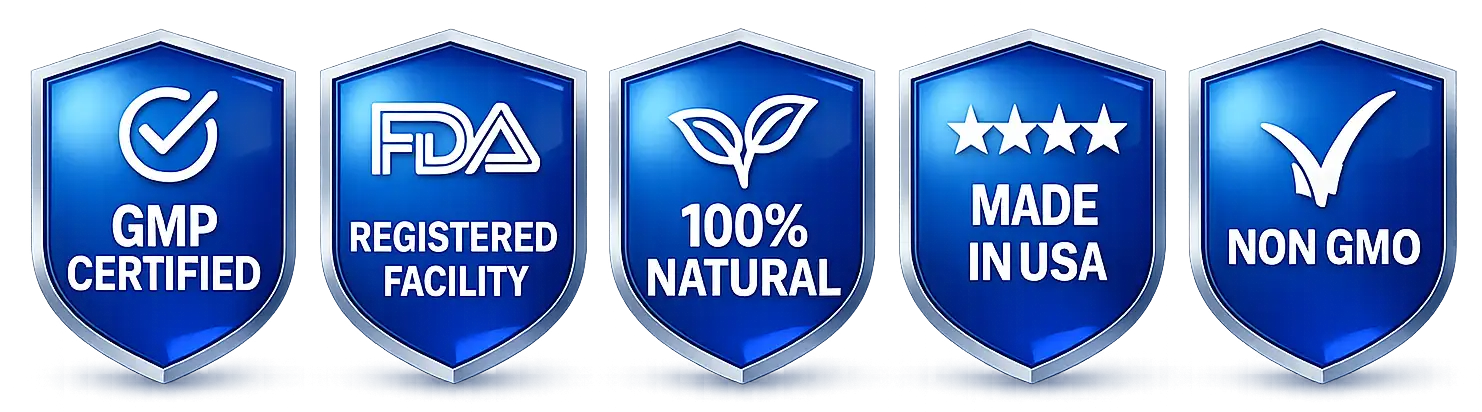 Product quality certification icons showing GMP certified, FDA registered facility, 100 percent natural, made in USA, and non GMO