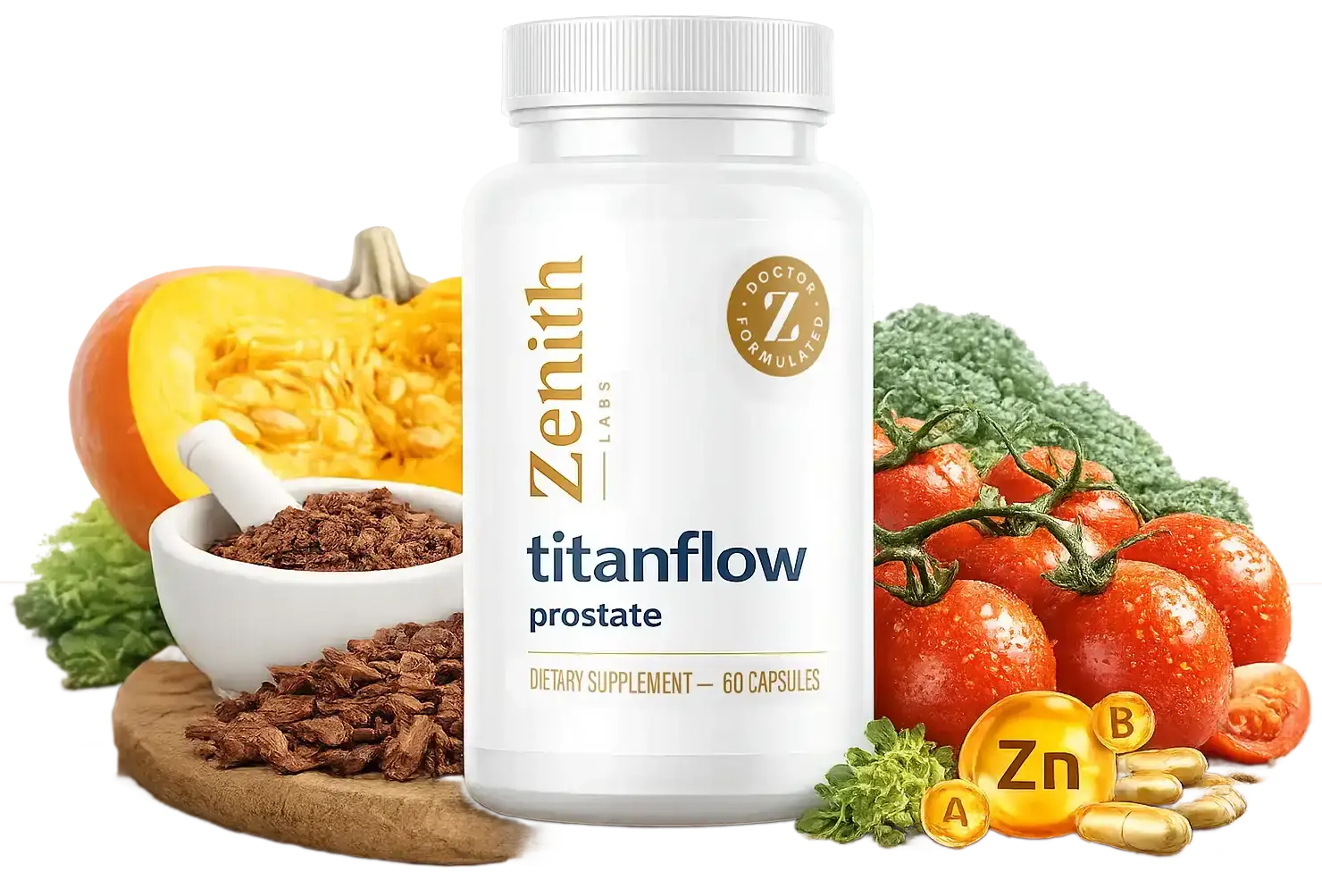 TitanFlow prostate supplement bottle by Zenith Labs displayed with pumpkin, pumpkin seed oil, tomatoes, broccoli, pygeum bark, and essential vitamins