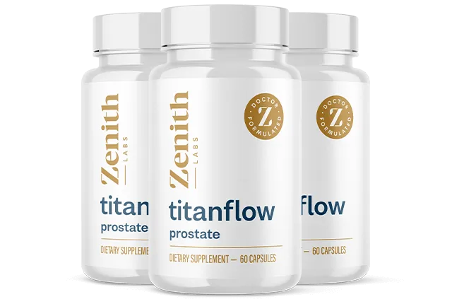 Three bottles of TitanFlow prostate support dietary supplement by Zenith Labs, designed to support urinary flow and prostate wellness