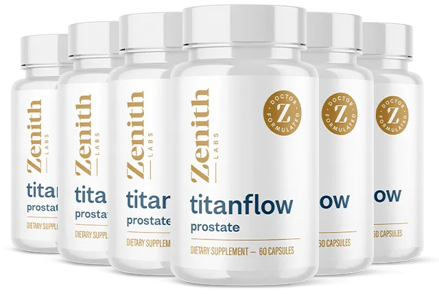 Six bottles of TitanFlow prostate support dietary supplement by Zenith Labs showing a 6-month supply bundle