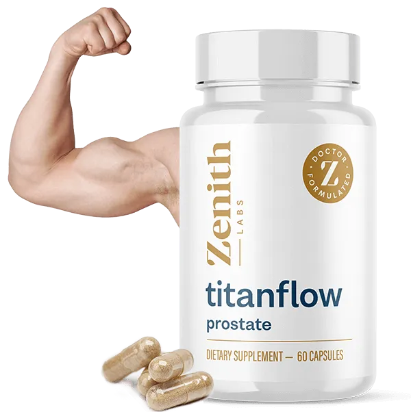 TitanFlow prostate support dietary supplement bottle with capsules and flexed arm representing strength and urinary health support